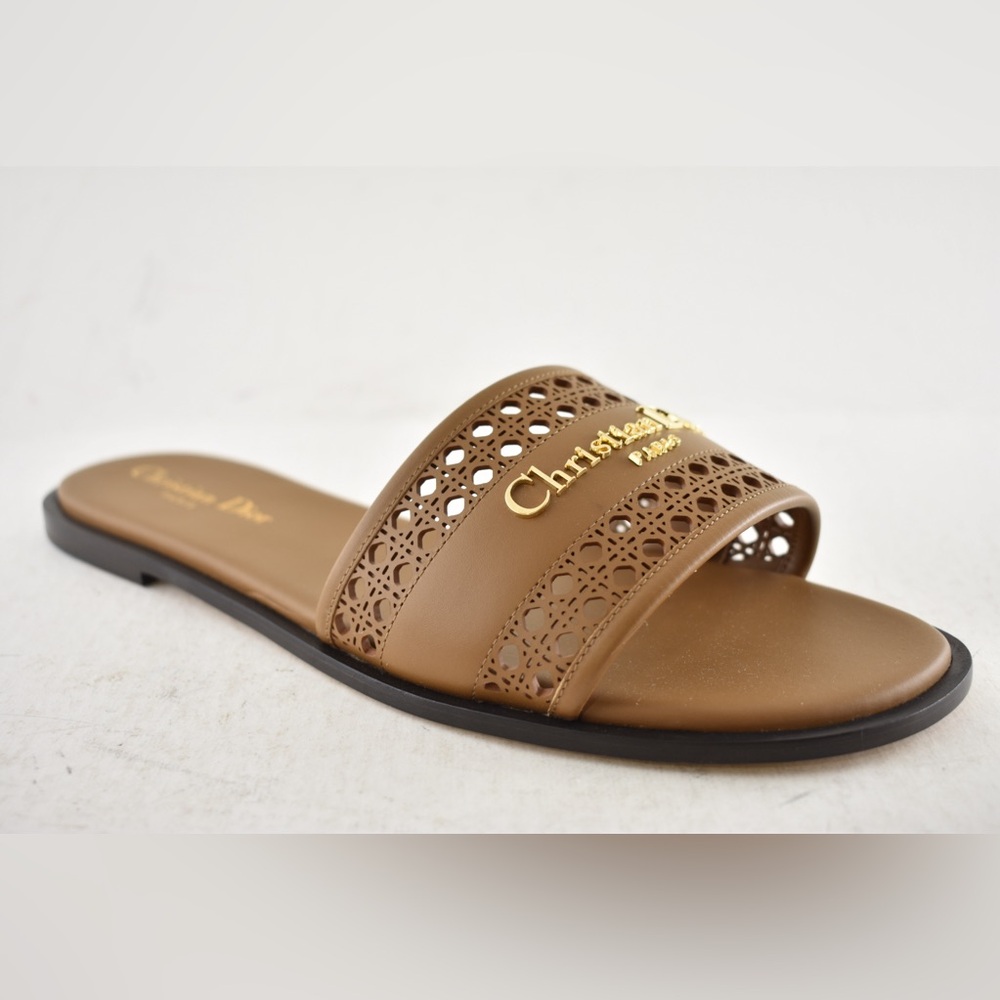 Dior D-Lane Dway Micro Cannage Chestnut Brown Leather Logo Slide Flat Sandal 39 - Picture 7 of 16